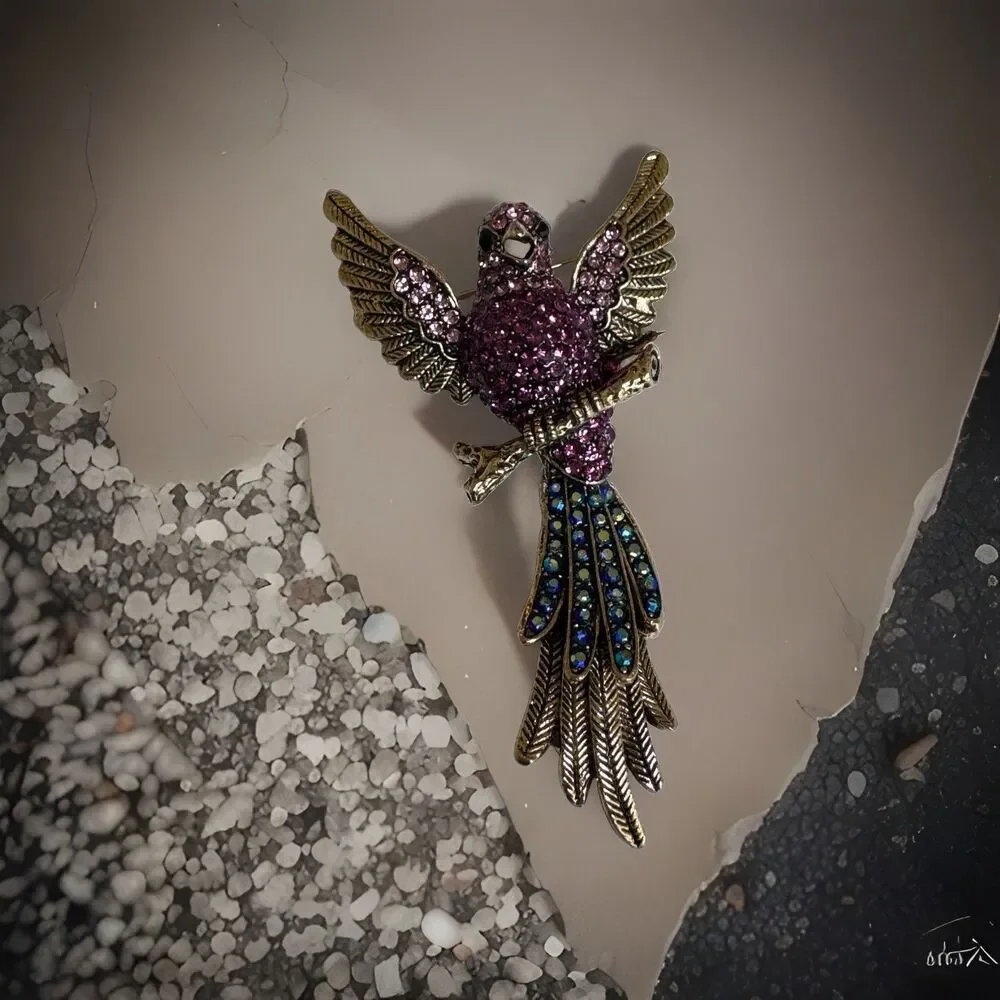 Vintage Pink Purple Rhinestone Bird of Paradise Brooch AB Blue Tail Gold Tone‎
